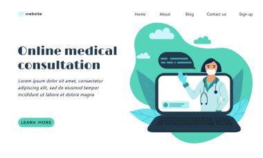 Çevrimiçi Tıbbi Danışmanlık Web Şablonu. Doktor, dizüstü bilgisayar kullanarak hastaya tavsiye veriyor. Çevrimiçi Tıp ve Tıbbi Teşhis. Modern Düz Biçim Vektör İllüstrasyonu