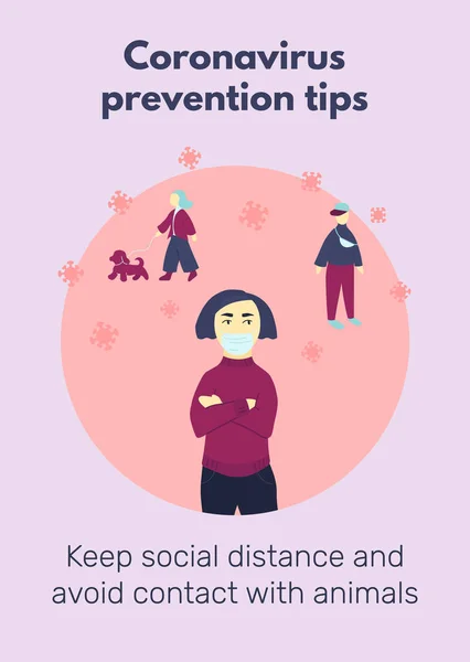Maskeli kız salgın sırasında sosyal mesafeyi koruyor. Uzak görüşlü, köpekli bir adam ve kadın. Coronavirus önleme posterinde hayvanlarla temastan kaçının yazılı olduğu yazıyor. Düz vektör illüstrasyonu.