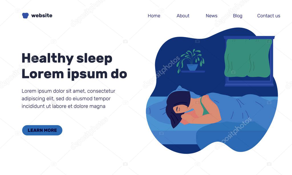 Healthy sleep web page template with illustration of sleeping girl at night. Character taking rest on side in bed. Health care and good sleep concept. Vector landing page in flat style.