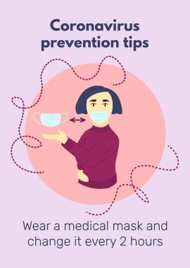Tıbbi maskeli kız başka bir maske daha gösteriyor. Coronavirus önleme afişi. Değişen maske, sağlık ve kendini koruma kavramı. Klinik için bilgi içeren düz stil vektör illüstrasyonu