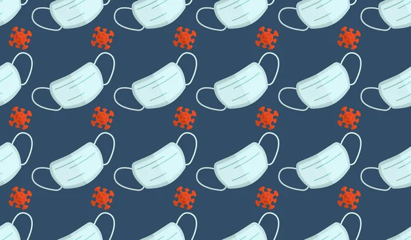 Tıbbi maske ve koronavirüs taşıyıcı kusursuz desen. Düz doku. Salgın ya da virüs koruma konsepti. Renkli resimlerde.Kart şablonu, tekstil, duvar kağıdı, ambalaj kağıdı veya web arkaplanı