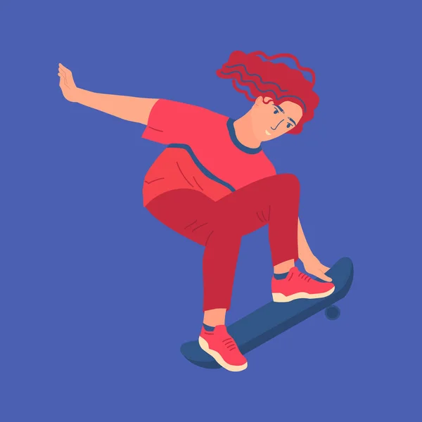 Meisje Springt Skateboard Korte Haar Jonge Vrouw Mannelijke Kleren Schaatsen — Stockvector