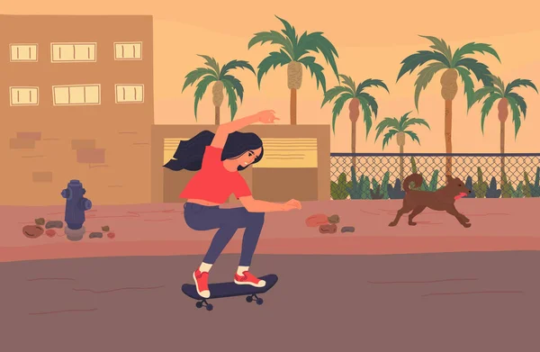 Young asian girl learn riding skateboard, try not to fall. Teenage skategirl skateboarding at empty street in the evening. Urban landscape with running dog on the background. Flat vector illustration.