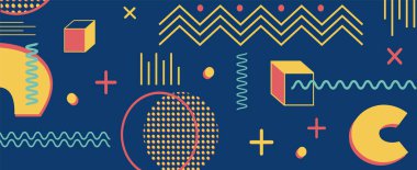 Soyut düz vektör deseni. Memphis stili geometrik doku. Renkli sarı, kırmızı, koyu ve açık mavi renkler. Web tasarımı için arkaplan, arkaplan veya yatay afiş