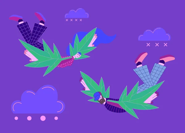 Marihuana yaprakları olan uçan kadın ve erkek. Hippi kıyafetleri. Esrar içme konsepti. Moda renklerinde düz stil vektör illüstrasyonu. Arka planda bulutlar, daireler ve haçlar