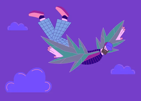 ひげとマリファナを持った空飛ぶ男は翼のように去る ヒップスターなライフスタイル 大麻の喫煙コンセプト ウェブのための流行の色のフラットスタイルのベクトルイラスト 背景に十字 — ストックベクタ