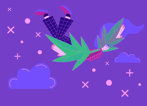 Marihuana yapraklı uçan kız kanatları gibi. Esrar içme konsepti. Moda renklerinde düz stil vektör illüstrasyonu. Arka planda bulutlar, daireler ve haçlar var. Web için tasarım ögesi
