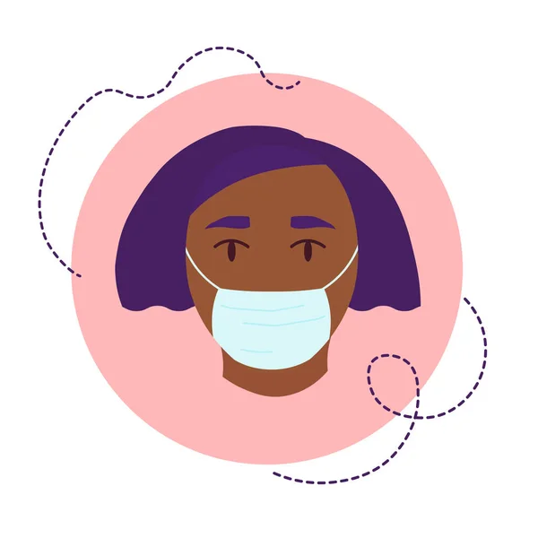 Tıbbi maskeli kız. Coronavirus koruma konsepti. Kıvırcık kısa mavi saçlı, koyu tenli bir kadının vektör portresi. Moda tarzında, benekli çizgileri olan ve web için daire çizen minimalist düz simge.