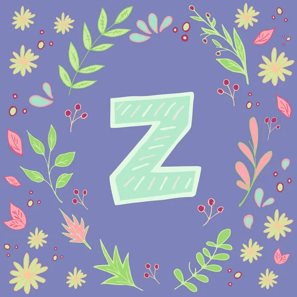 Z harfi. Çizgili el yazısıyla yazılmış İngilizce mektup. Etrafında çiçek demeti var. Yapraklı, böğürtlenli ve çiçekli desen. Hoş bir kart şablonu. El çizimi biçim tasarımı elementi. Vektör illüstrasyonu. Moda renkleri