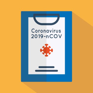 Coronavirus ikonu. Roman Coronavirus 2019-NCov. Üzerinde yazı ve virüs simgesi olan mavi bir pano ve kağıt. Düz stil vektör çizimi. Tıbbi yardım. Gölge. Moda renkleri.