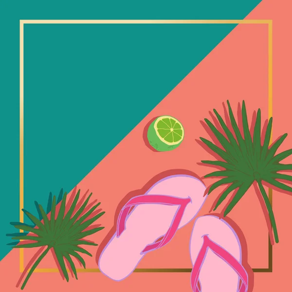 Parmak arası terlik, kireç, palmiye yaprağı, altın gradyan çerçeve ve yazı için sol köşede yer. Kopya uzayı ile modern vektör illüstrasyonu. El çizimi. Reklam için tasarım ögesi.