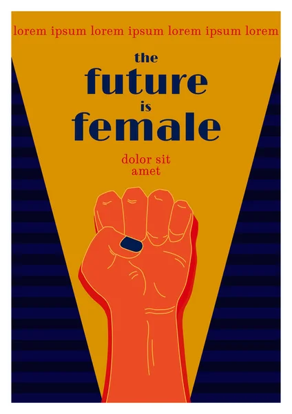 Kalkmış yumruğu ve sloganı olan Retro poster şablonu kadındır. Klasik vektör çizimi. Kadın hakları kavramı için savaş. Düz stil. Moda renkleri.