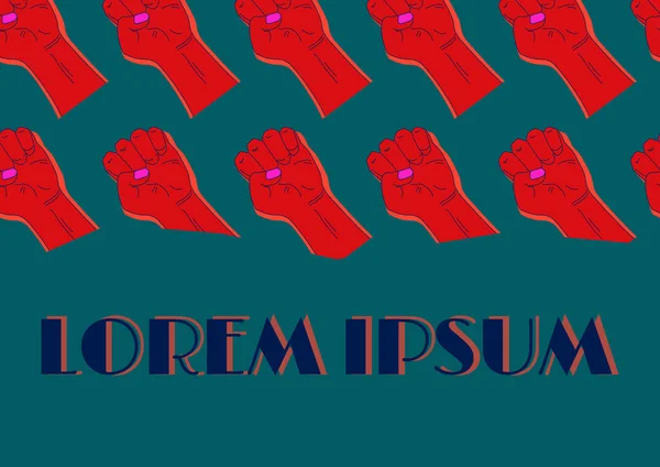Kart şablonu, kaldırılmış yumruklar ve Lorem ipsum metinlerinden oluşan pürüzsüz bir şablon. Kopya alanı olan klasik doku. Protesto mu, devrim mi? Kırmızı ve koyu turkuaz renklerde düz vektör ilülasyonu