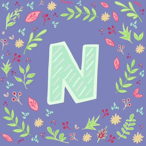 Mektup. Çizgili el yazısıyla yazılmış İngilizce mektup. Etrafında çiçek demeti var. Yapraklı, böğürtlenli ve çiçekli desen. Hoş bir kart şablonu. El çizimi biçim tasarımı elementi. Vektör illüstrasyonu. Moda renkleri