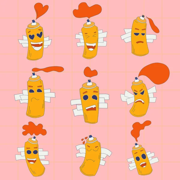 Sprey boya kutusu simgesi seti. Farklı duyguları olan karakterlerin simgeleri. Aşık, gülen, hayal kırıklığına uğrayan, düşünen, korkmuş, kızgın, mutlu, üzgün, şaşırmış kutular. Emoji için düz biçim vektör illüstrasyonuName