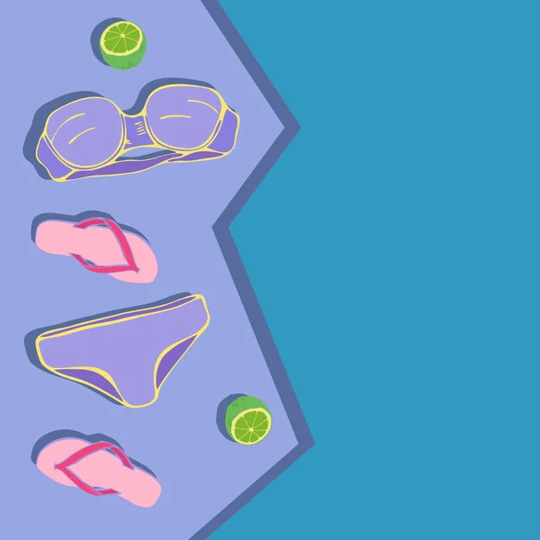 Parmak arası terlik, mayo, kireç, gölge ve sağdaki yazı için yer şablonu. Kopya uzayı ile modern vektör illüstrasyonu. El çizimi. Reklam için modaya uygun renkte tasarım ögesi.