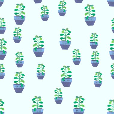 Ev bitkilerinde pürüzsüz desen. Mavi tencerede insan yüzü çizilmiş kapalı bir bitki. Açık mavi arkaplanda kaotik kompozisyon. Paket kağıdı, kapak, tekstil baskısı için vektör illüstrasyonu.
