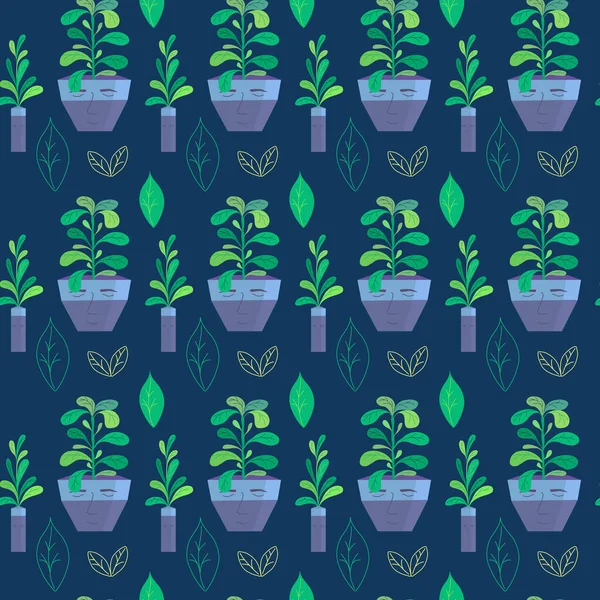 Tertemiz desenli ev bitkileri ve yaprakları modaya uygun renklerde. Mavi tencere ve vazoda insan yüzü çizilmiş kapalı bir bitki. Düz ve özet tarzı. Paket kağıdı, kapak, tekstil için vektör illüstrasyonu.