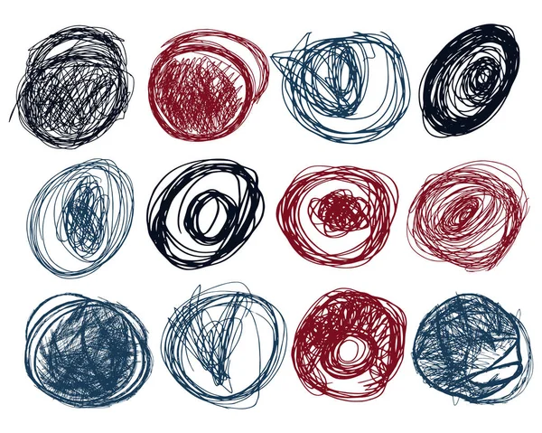 Kalem okşanmış daireler ayarlandı. El yapımı koleksiyon. Mavi, kırmızı ve siyah renkli karalama fırçaları. Tasarım grafik elementlerinin vektör çizimi. Beyazda izole edilmiş. Grunge karalaması