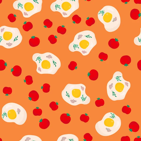 Baharatlı ve domatesli sahanda yumurta. Yemek dokusu. Arugula. Lezzetli bir kahvaltı. Sarı, kırmızı ve turuncu çizimler. Mutfak tekstili, duvar kağıdı tasarımı, ambalaj kağıdı..