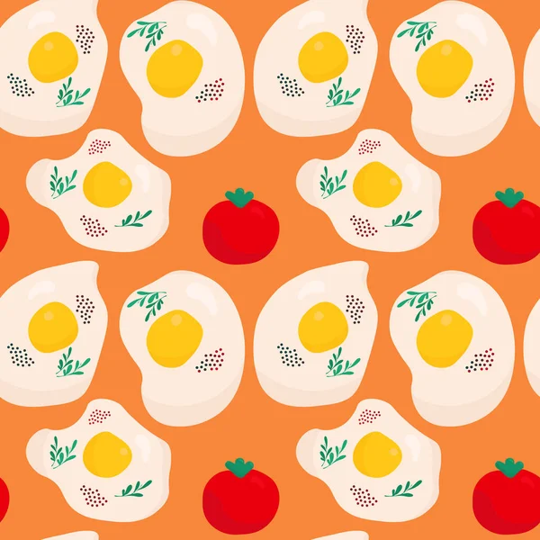 Baharatlı ve domatesli sahanda yumurta. Yemek dokusu. Arugula. Lezzetli bir kahvaltı. Sarı, kırmızı ve turuncu çizimler. Mutfak tekstili, duvar kağıdı tasarımı, ambalaj kağıdı..