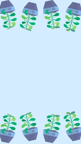 En üstte ve altta dikişsiz sınır olan ev bitkilerinin hikayeleri. Mesaj için yer. Kapalı alandaki bitkiler insan yüzüyle çizilmiş. Moda renkleri. Düz biçim vektör illüstrasyonu.