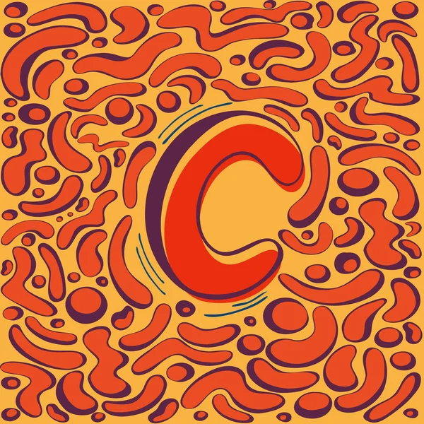 C harfi. Mor turuncu renkli, el yazısıyla yazılmış, yuvarlak bir mektup. Çevresindeki farklı kıvrımlı şekillerin soyut deseni. El çizimi tasarım ögesi. Vektör illüstrasyonu. Eğitim kartı.