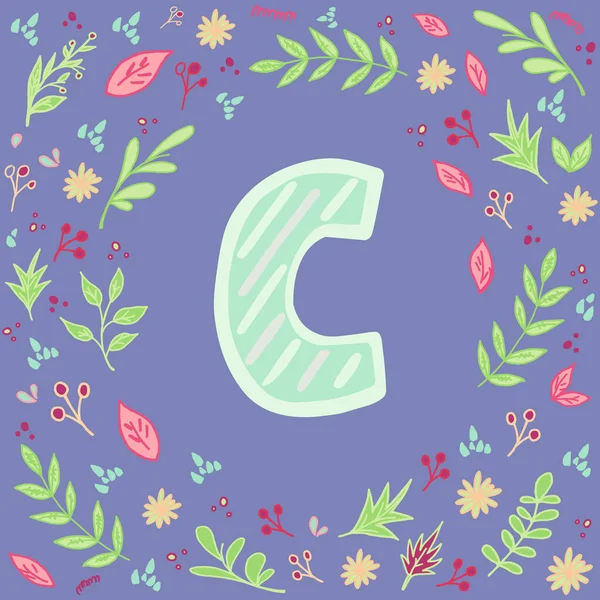 C harfi. Çizgili el yazısıyla yazılmış İngilizce mektup. Etrafında çiçek demeti var. Yapraklı, böğürtlenli ve çiçekli desen. Hoş bir kart şablonu. El çizimi tasarım ögesi. Vektör çizimi. Moda renkleri.