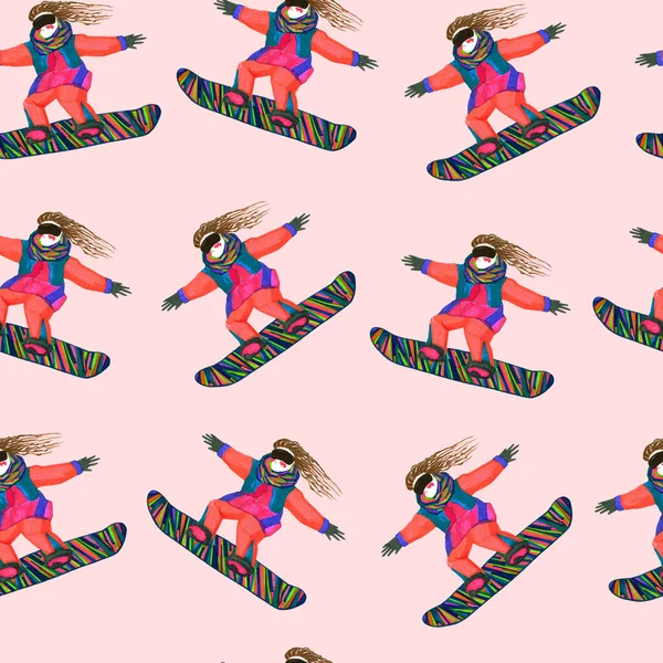 Düz stil raster desenli kadın snowboardcular. Pembe renkli atlara binen ve zıplayan kadınların kusursuz dokusu. Kalemlerle yapılmış el çizimi bir resim. Resim ambalaj kağıdı için iyidir.
