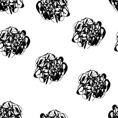 Siyah ve beyaz karalanmış nesnelerle soyut, pürüzsüz desen. Beyaz arka planda kaotik desen. Vektör el çizimi dokusu. Ambalaj kağıdı, tekstil baskısı ve diğer tüm amaçlar için resim.