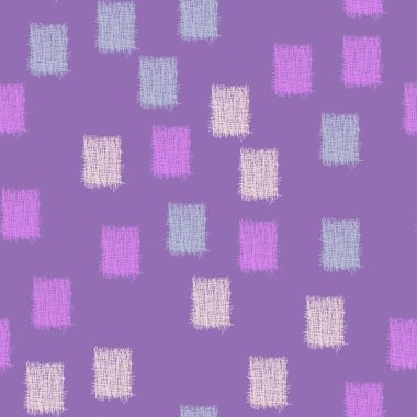 Mor, mavi ve sarı kareli, soyut, pürüzsüz desenler. Menekşe arkaplanda desen var. Vektör el çizimi dokusu. Ambalaj kağıdı, tekstil baskısı ve diğer tüm amaçlar için resim.