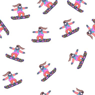 Vektör olarak dişi snowboardcularla kusursuz bir düzen. Binicilik ve zıplayan sporcu kadınlarla el çizimi. İllüzyon ambalaj kağıdı, duvar kağıdı, tekstil baskısı, web arkaplanı, kapak için iyidir.