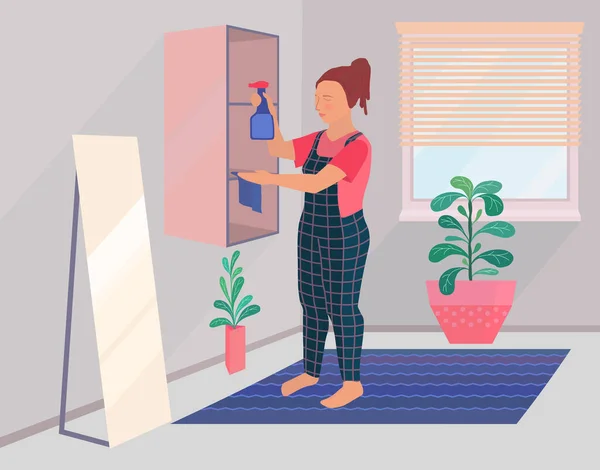 Genç kız rafın tozunu alıyor ve elinde bir sprey tutuyor. Tulumlu ev hanımı rahat bir odayı temizliyor mavi halı, ayna, raf ve bitkilerle dolu iki saksı. Düz biçim vektör illüstrasyonu.