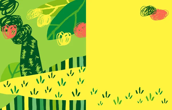 Metin için yeri olan modern kolaj. Ağaç, yapraklar, çizgiler, soyut desenler ve geometrik şekiller. Uzayı sağda kopyala, yatay vektör illüstrasyonunu sarı, yeşil ve pembe renklerle.