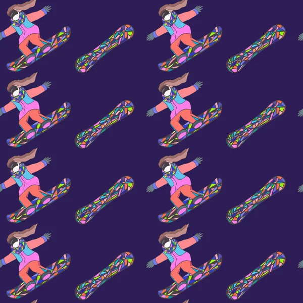 Kadın snowboardcularla kusursuz bir düzen ve vektör içinde geometrik desenli snowboardlar. Binicilik ve zıplayan spor kadınlarıyla el çizimi. Resim kağıdı ve tekstil baskısı için iyidir..
