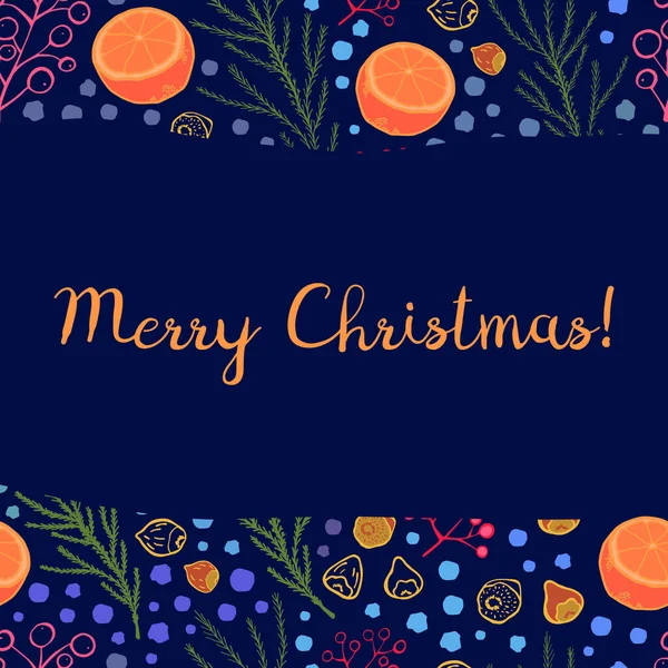 Üzerinde mutlu noel yazıları olan bir kart şablonu ve kesilmiş portakal, fındık, böğürtlen, ladin dalları ve alttaki kar taneleriyle ana hatları. El çizimi biçiminde vektör illüstrasyonu.