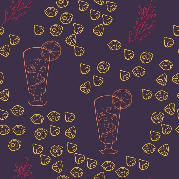 İçinde elma ve portakal parçaları olan bir bardak sıcak şarap, fındık ve böğürtlen ve mor arka planda. Taslak tarzı. Noel veya yeni yıl vektör illüstrasyonu.