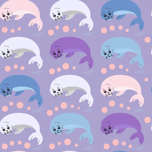 Yavru fok desenini modaya uygun renklerde mühürle. Düz bir şekilde yalancı fok balığının vektör çizimi. Tekstil baskısı, duvar kağıdı, ambalaj kağıdı, web arkaplanı için tasarım ögesi.