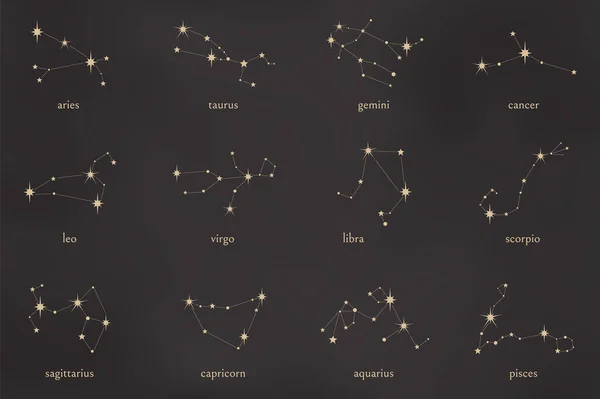 Zodyak takımyıldızları. Koç burcu gemini kanseri aslan burcu akrep burcu sagittarius papricorn akvaryumu balık burcu takımyıldızı koleksiyonu siyah üzerine izole edildi. Vektör illüstrasyonu