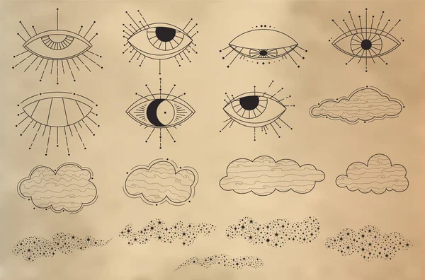 Sihirli gözler, bulutlar ve yıldız tozu ana hatları vektör seti. Simgeler, logotlar, kıyafet izleri için sihirli elementlerin toplanması. Altın gradyanlı izole bir illüstrasyon. Esrarengiz semboller veya işaretler konsepti.