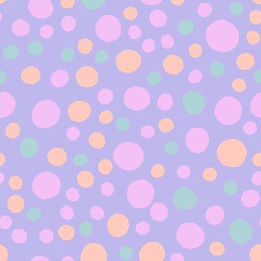 Mavi, pembe ve mor daireli soyut, pürüzsüz desen. Modaya uygun renklerde benek deseni. Farklı boyutlarda daireler çizilmiş vektör el dokusu. Paket kağıdı için yaratıcı illüstrasyon.