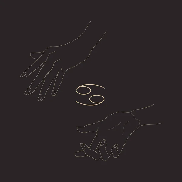 Kanser zodyak kabartması ve sihirli eller. Siyah üzerine izole edilmiş klasik astrolojik semboller. Jest ve burç işareti. Taslak biçiminde vektör illüstrasyonu. Logotype, simge, dövme, clipart için tasarım ögesi