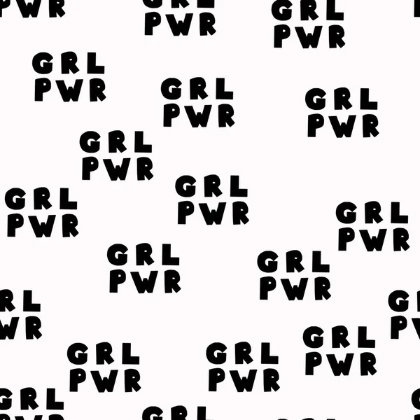 Kusursuz desenli kız gücü yazıtları. Elle çizilmiş feminist harfler. Paket kağıdı, tekstil baskısı, web arkaplanı için siyah beyaz vektör illüstrasyonu.