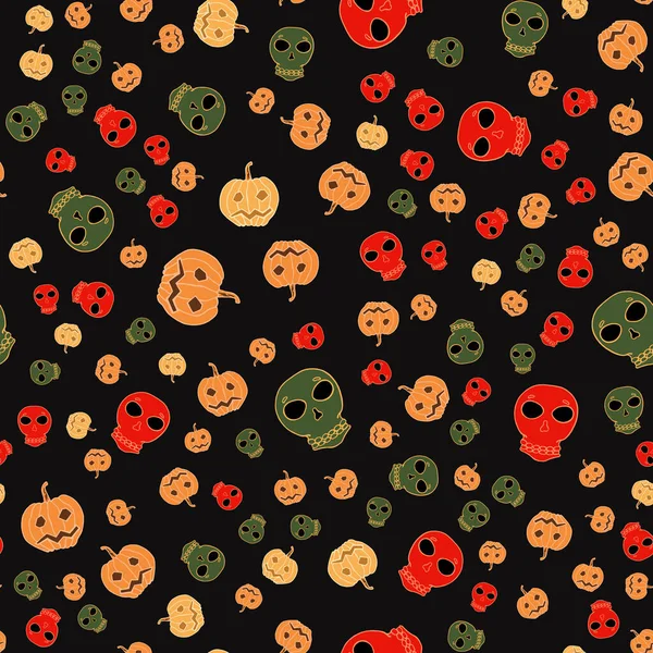 Cadılar Bayramı 'nda balkabağı kristalleri ve siyah arka planda geleneksel renkte heykeller kullanılıyor. El çizimi stili. Kaotik dinamik kompozisyon. Vektör illüstrasyonu.