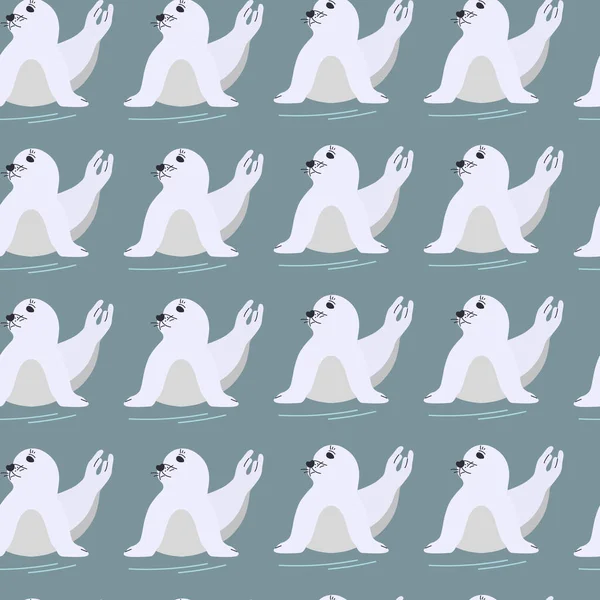 Yavru fok desenli. Oturan fok hayvanının düz bir şekilde vektör çizimi. Tekstil baskısı, duvar kağıdı, ambalaj kağıdı, web arkaplanı için tasarım ögesi.