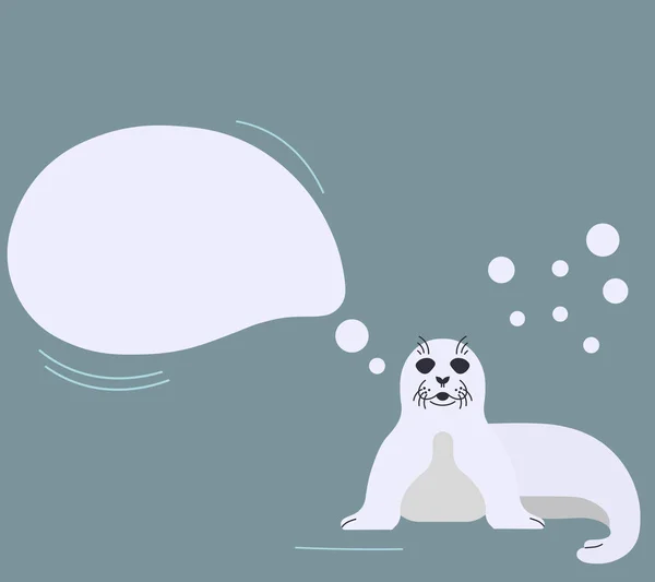 Konuşma baloncuklu fok yavrusu ve tarafsız arkaplanda kar taneleri. Oturan fok balığıyla düz bir şekilde vektör çizimi. Çocuklar için kopyalama alanı olan izole tasarım ögesi.