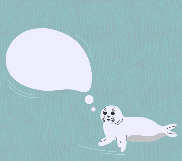 Tarafsız arkaplanda konuşma baloncuğu olan karalamalı fok yavrusu. Oturan fok balığıyla düz bir şekilde vektör çizimi. Çocuklar için kopyalama alanı olan izole tasarım ögesi.