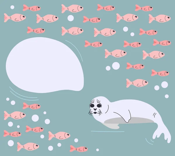 Tarafsız arka planda baloncuklu fok yavrusu, baloncuklar ve balıklarla. Düz bir şekilde yalancı fok balığının vektör çizimi. Kopyalama alanı olan izole tasarım ögesi.