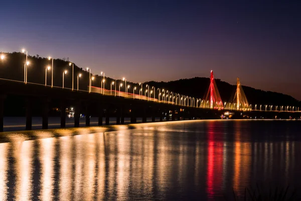 Anita Garibaldi Bridge Dusk Illuminated Structure 2815 Meters Sutuada City — Stock Photo, Image