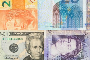 Banknotlar, sterlin, dolar, gerçek ve avro, yakın plan.